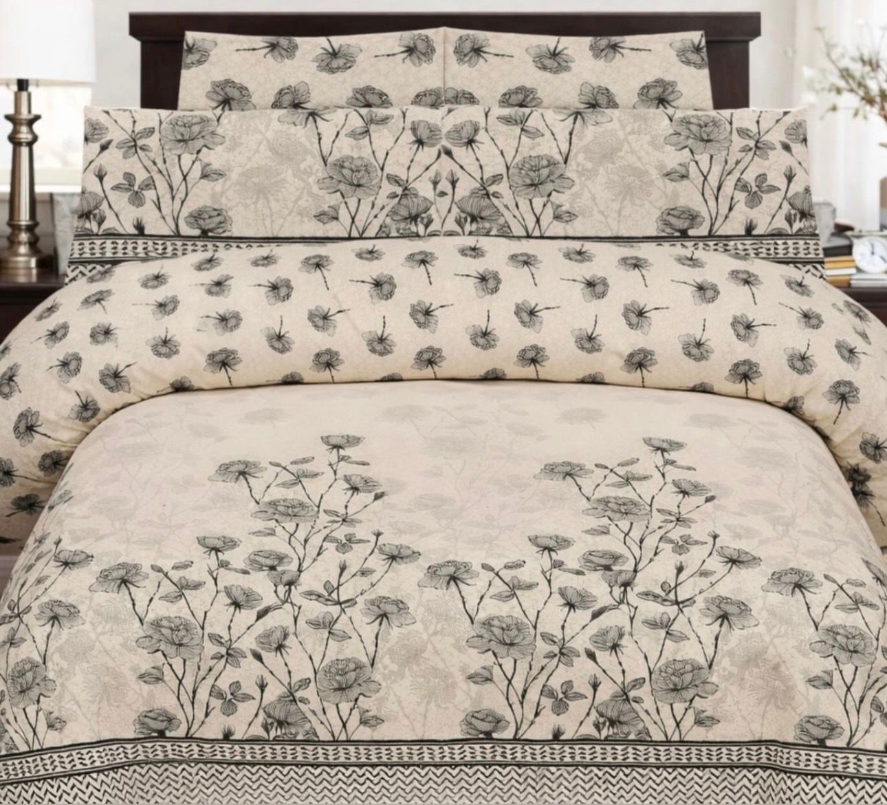 Ivory Floral Printed Bedsheet Set