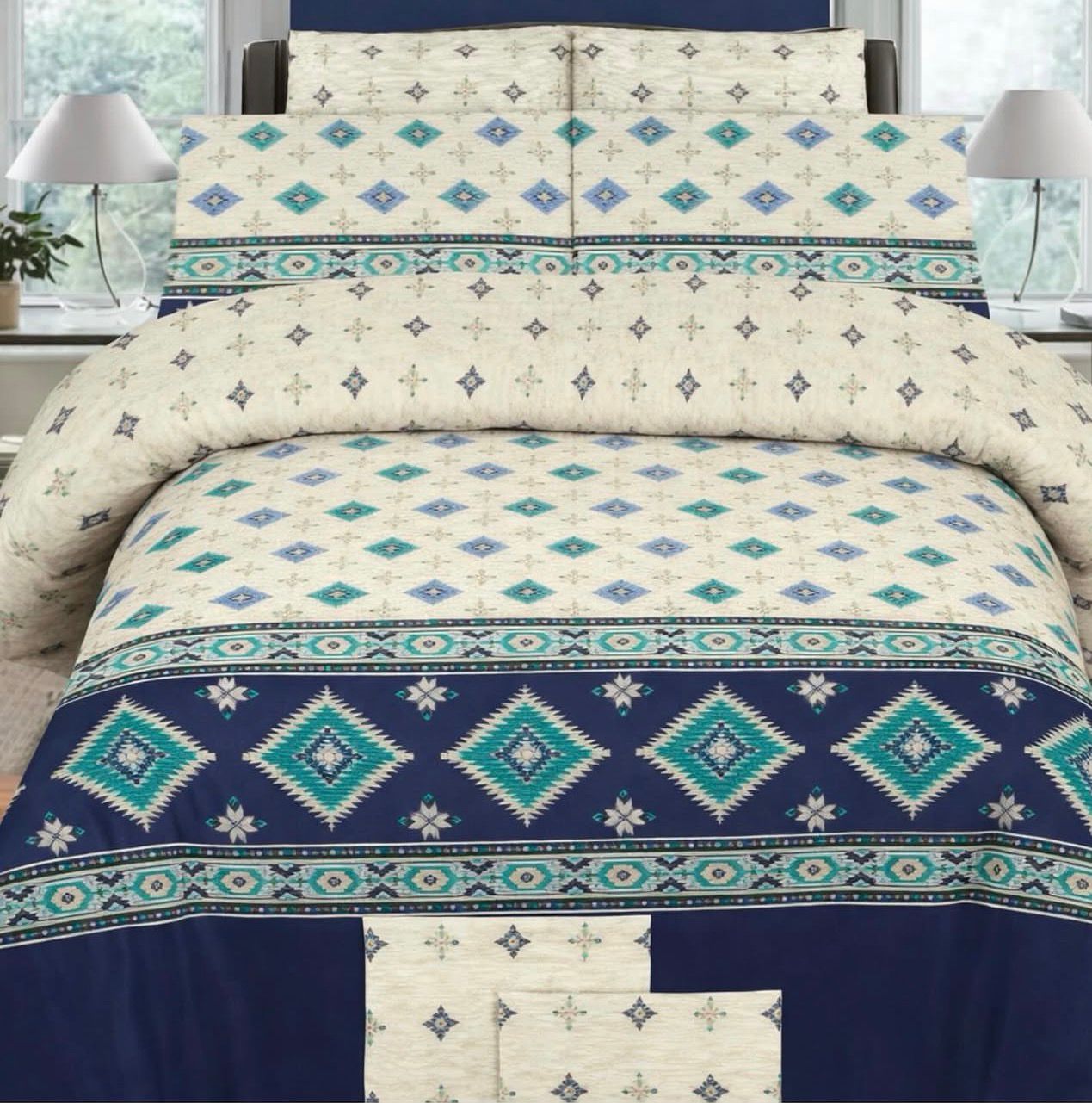 Ivory Teal Ethnic Printed Bedsheet Set