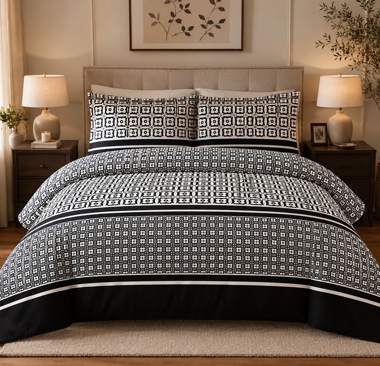 Black & White Geometric Printed Bedsheet Set