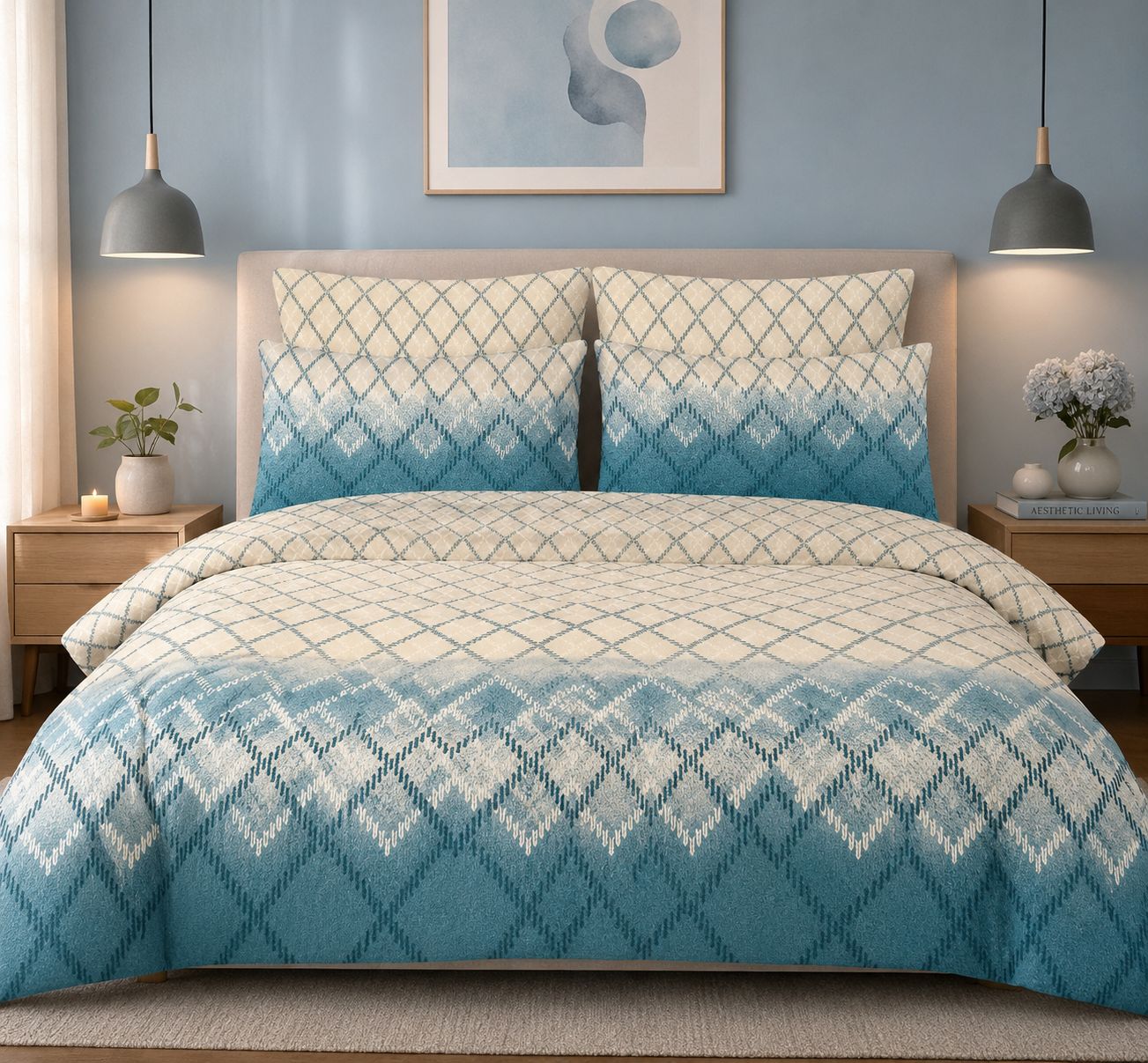 Aqua Blue Diamond Printed Bedsheet Set