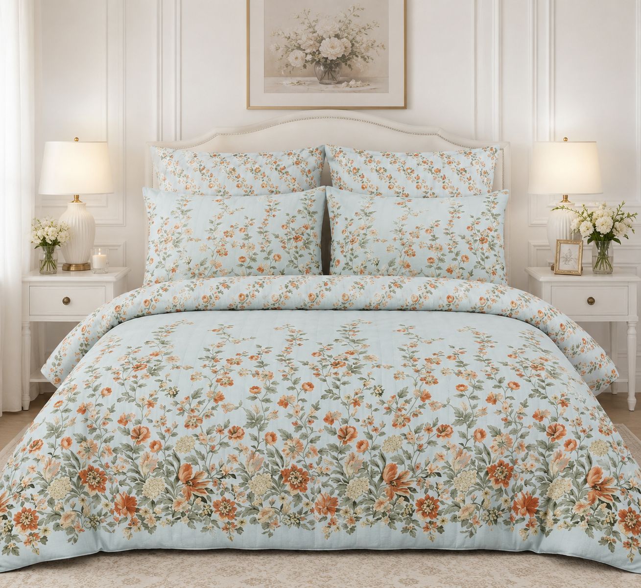 Sky Blue Floral Bedsheet Set