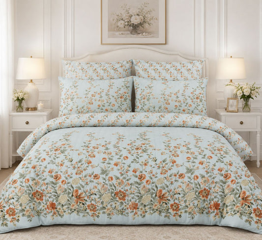 Sky Blue Floral Bedsheet Set