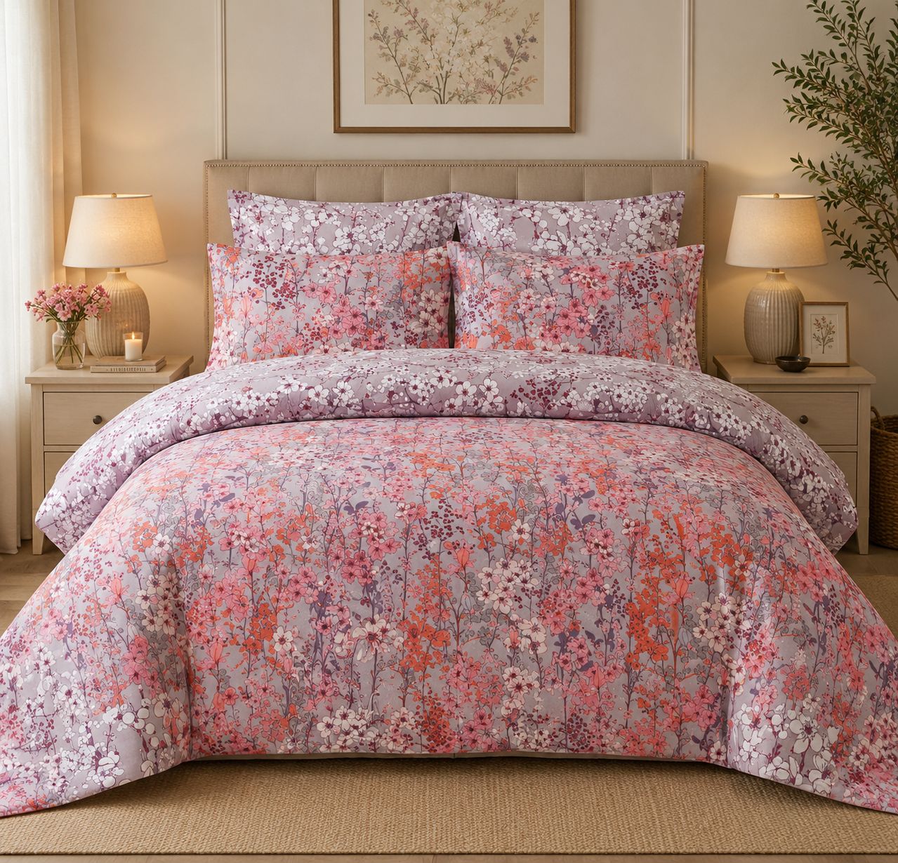 Pink Blossom Printed Bedsheet Set