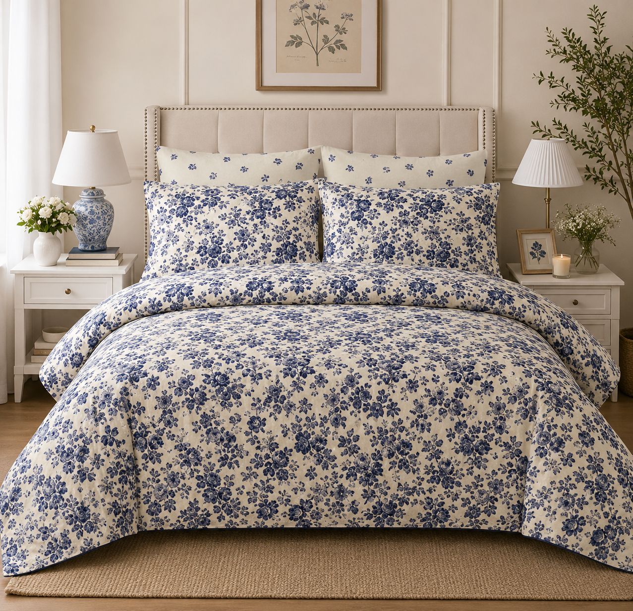 Classic Blue Floral Cotton Bedsheet Set