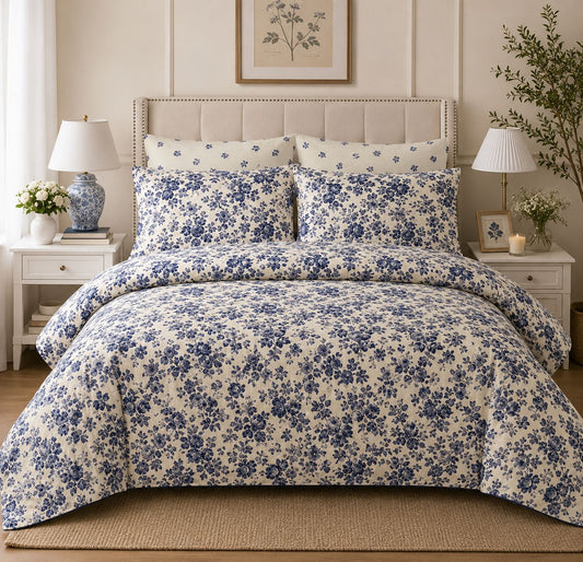 Classic Blue Floral Cotton Bedsheet Set
